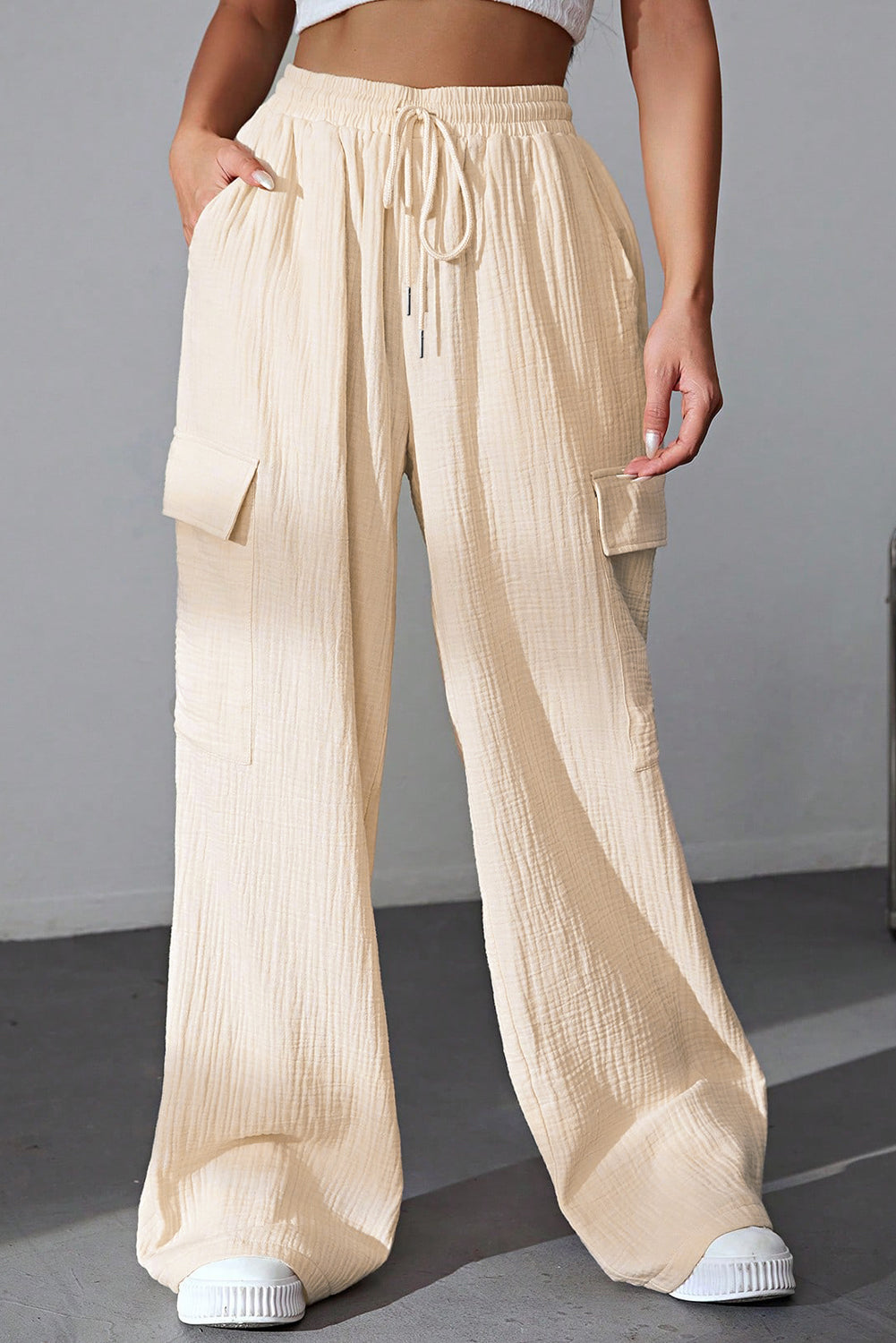 Drawstring Pocketed Wide Leg Pants