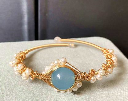 14K Gold Wrapped Sapphire Natural White Pearl Bracelet