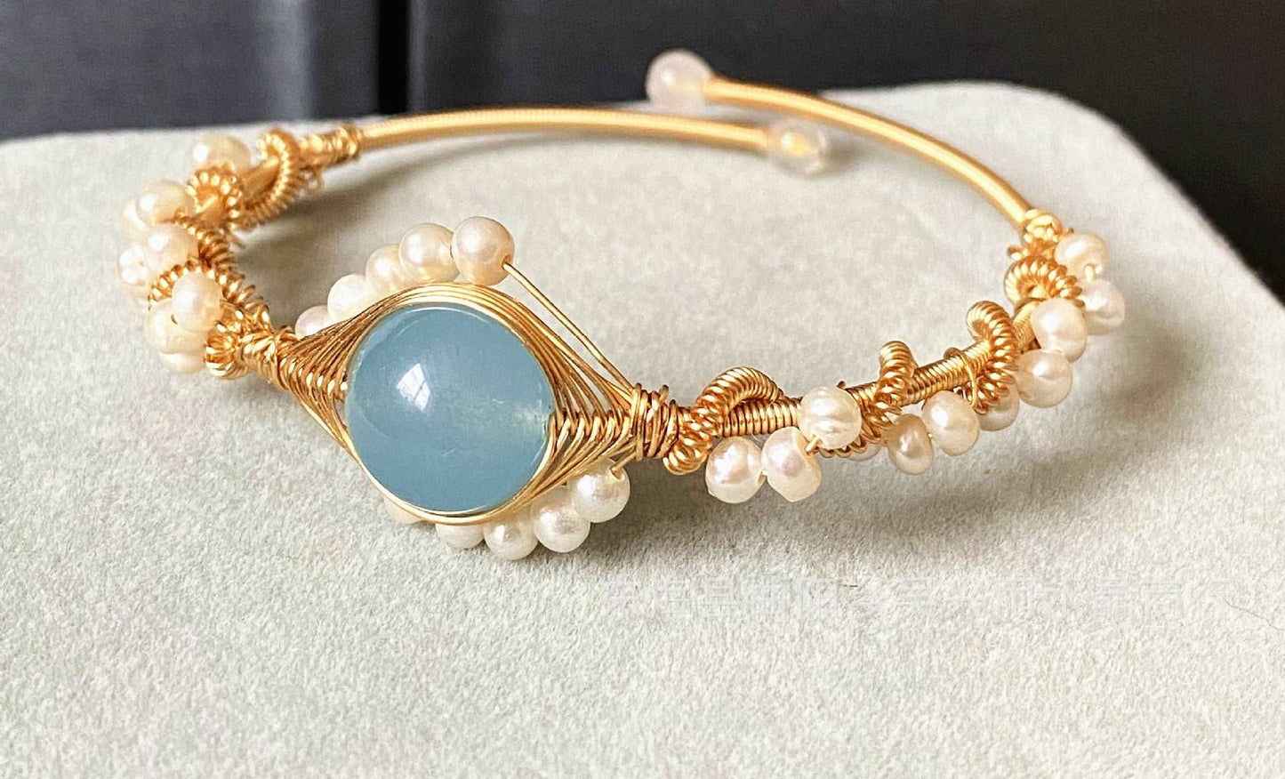 14K Gold Wrapped Sapphire Natural White Pearl Bracelet