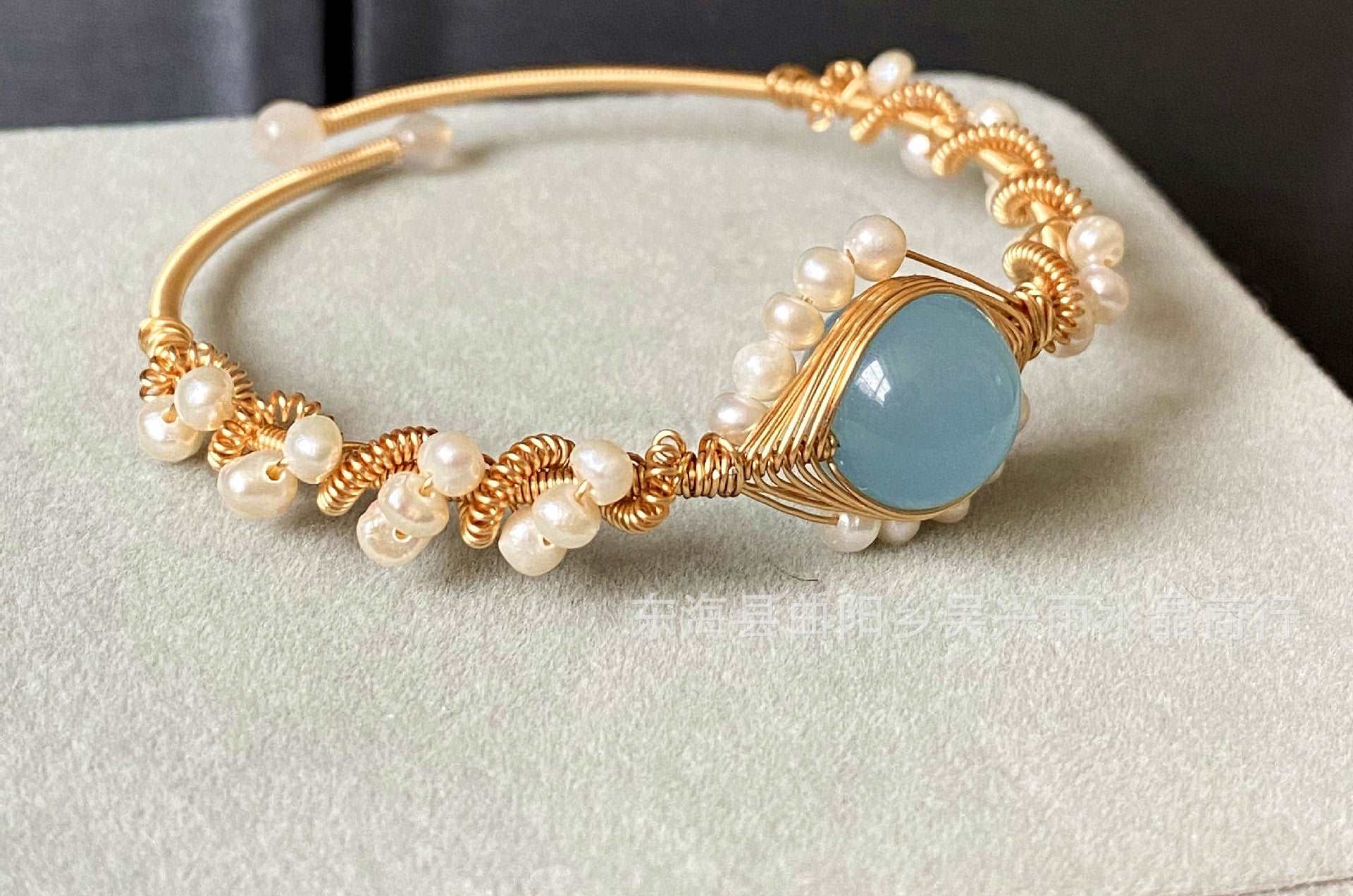 14K Gold Wrapped Sapphire Natural White Pearl Bracelet