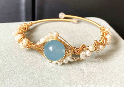 14K Gold Wrapped Sapphire Natural White Pearl Bracelet