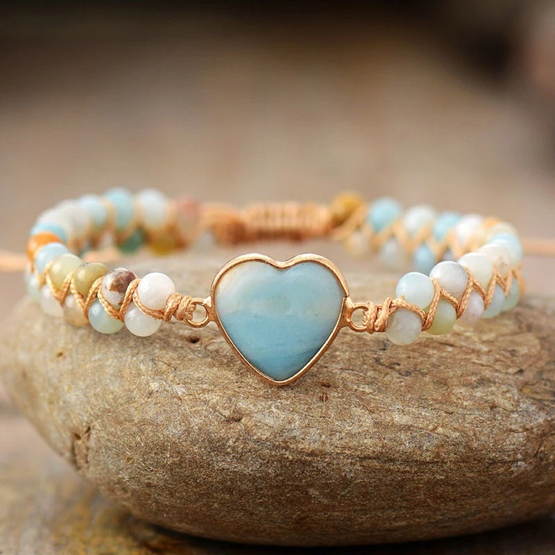 Classic Heart Shape Charm Bracelets Amazonite String Braided Macrame Wristband Teengirls Wrap Bracelet Femme Women Jewelry