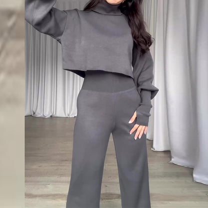 Fashion Suit Gray Turtleneck Long-sleeved Top And High-waisted Trousers