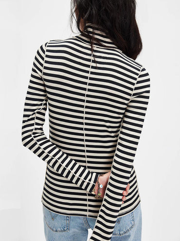 Exposed Seam Striped Turtleneck Long Sleeve T-Shirt