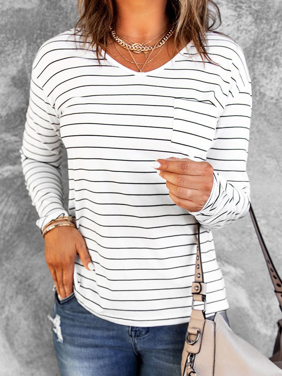 Loose V-neck Striped Long Sleeve Bottoming Shirt - Zac Store