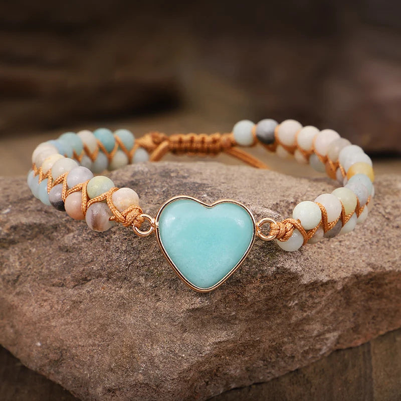 Classic Heart Shape Charm Bracelets Amazonite String Braided Macrame Wristband Teengirls Wrap Bracelet Femme Women Jewelry