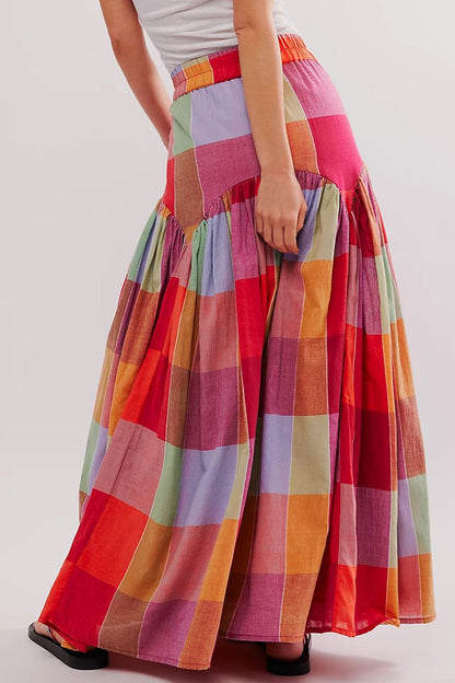 Color Block Elastic Waist Maxi Skirt