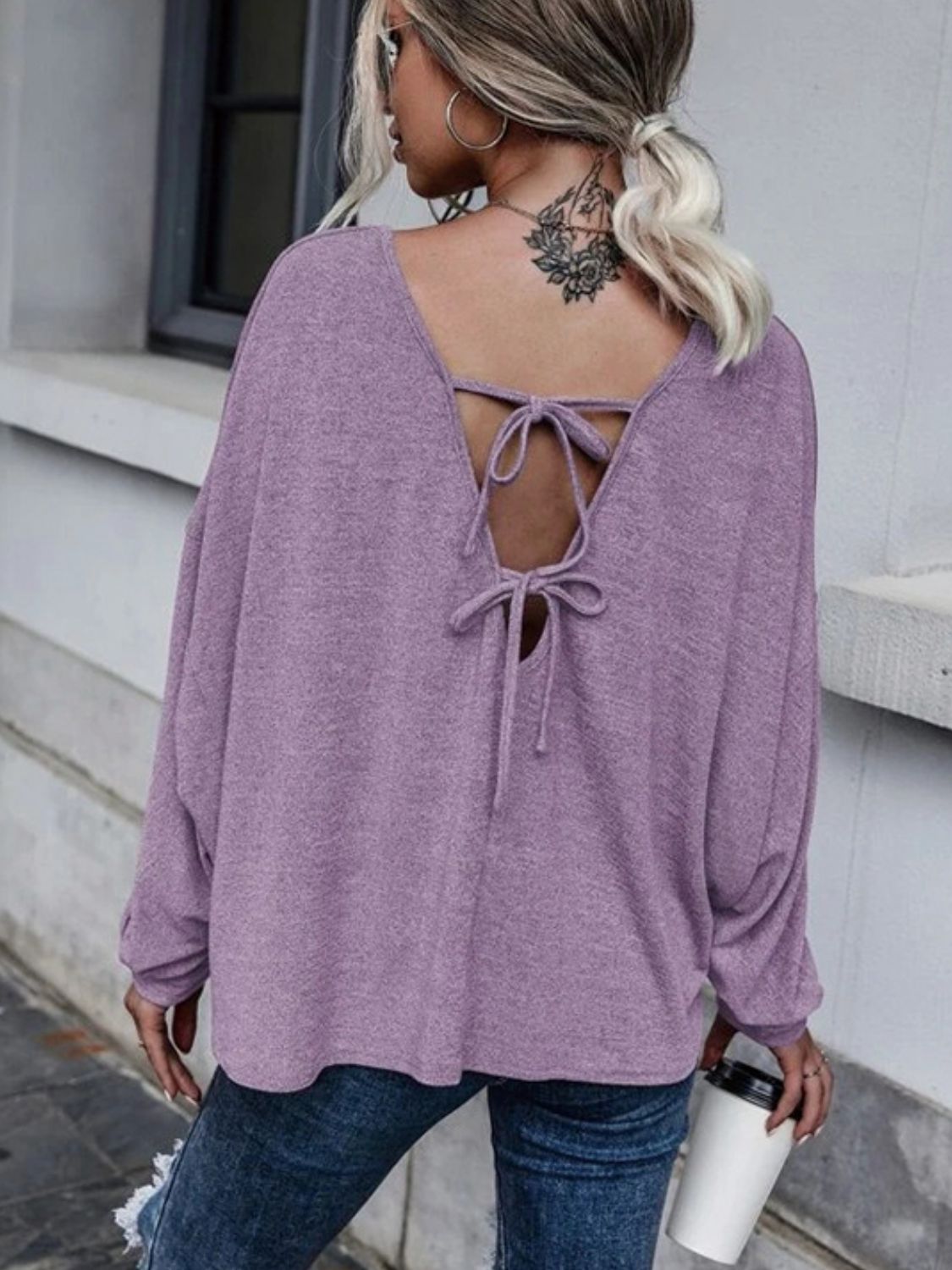 Full Size Double Tie Drop Shoulder Long Sleeve T-Shirt