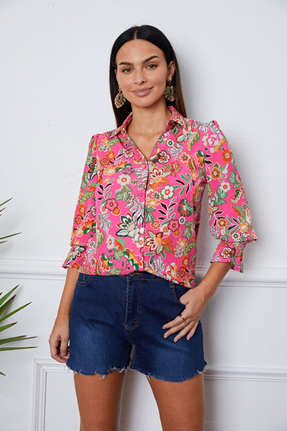 Floral Button Up Flounce Sleeve Shirt