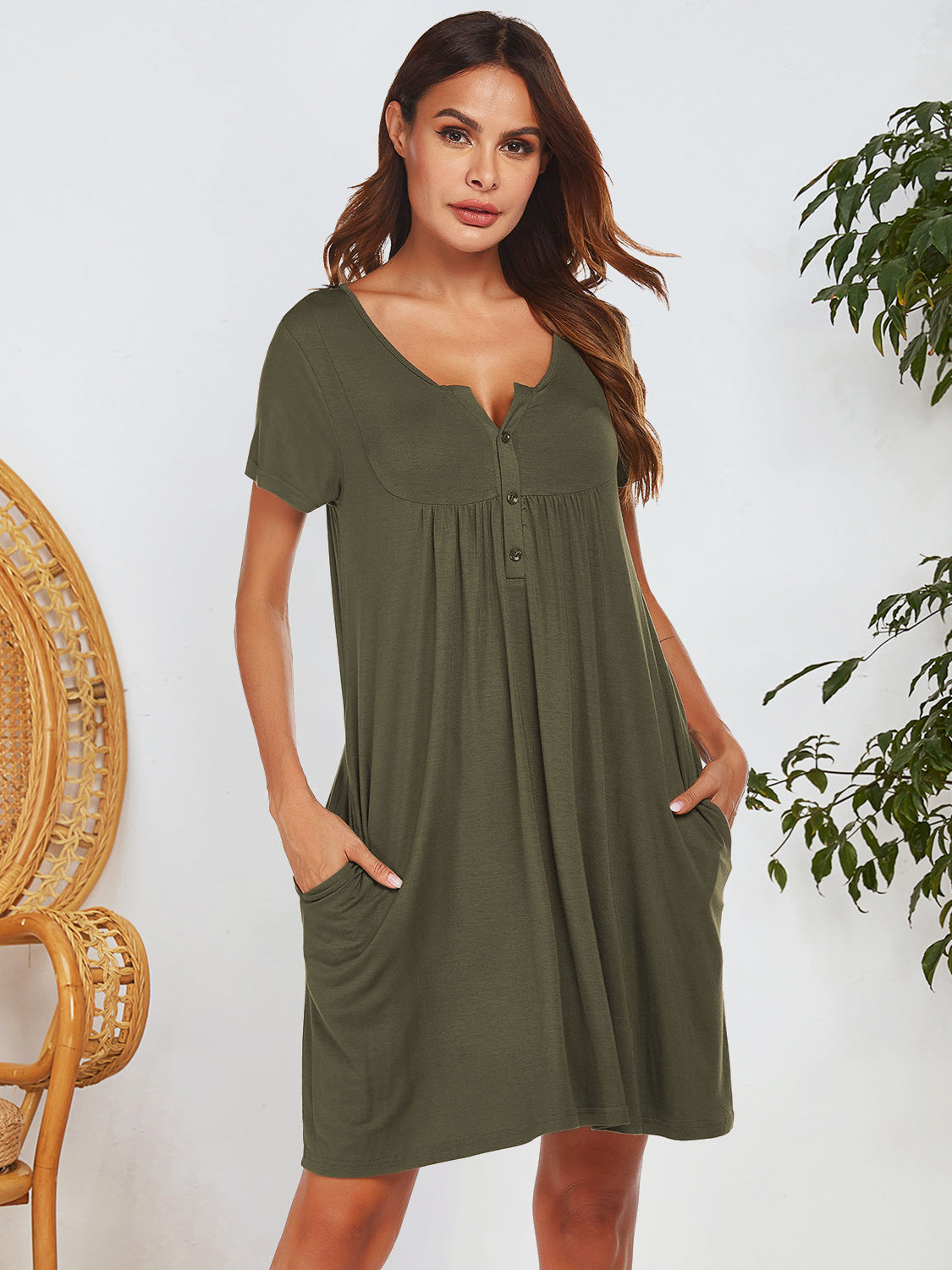 Notched Short Sleeve Mini Lounge Dress