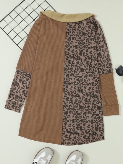 Half Button Leopard Collared Neck Blouse