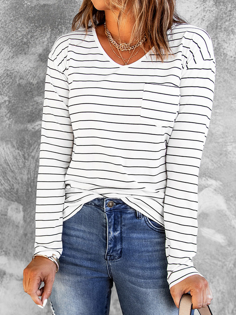 Loose V-neck Striped Long Sleeve Bottoming Shirt - Zac Store