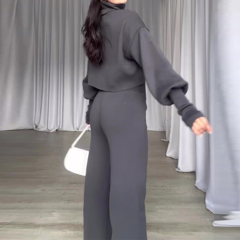 Fashion Suit Gray Turtleneck Long-sleeved Top And High-waisted Trousers