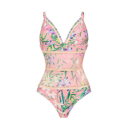 Foreign Trade Special For French High-grade Pink Hollow One-piece Swimsuit Conservative Cover Belly Sexy Holiday Swimsuit Set