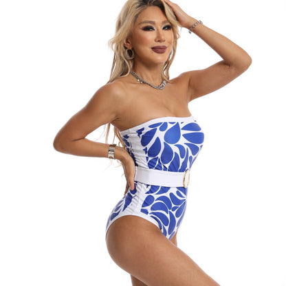 Longqi 2023 New European And American One-piece Sunscreen Swimsuit Amazon Digital Printed Mesh Blouse Strapless Swimsuit For Women