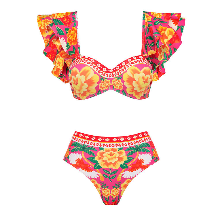 New Long Sleeve European And American Tight Bikini Set Women&#039;s Printed Triangle Split Swimsuit Strap 2023bikini