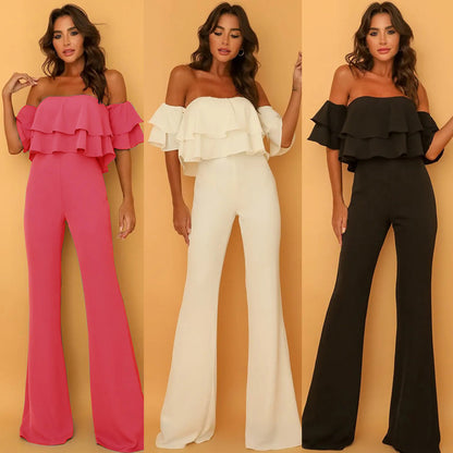 European And American Women's Clothing Collar Ruffled Solid Color Jumpsuit