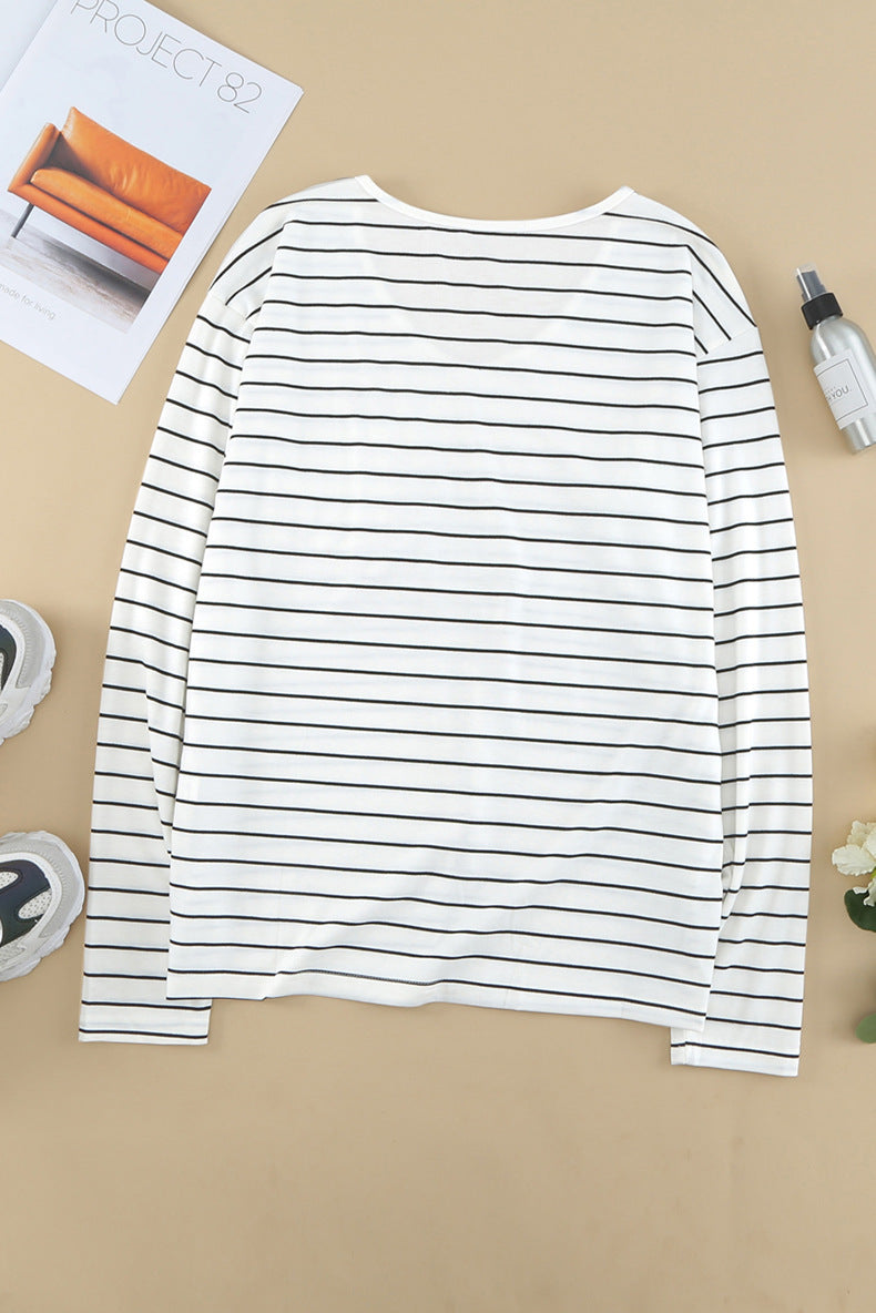 Loose V-neck Striped Long Sleeve Bottoming Shirt - Zac Store