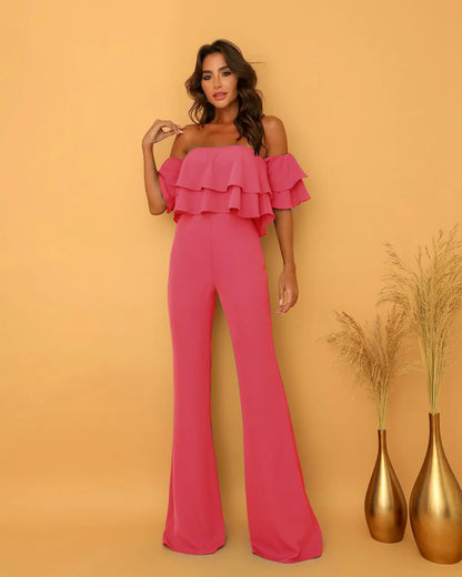 European And American Women's Clothing Collar Ruffled Solid Color Jumpsuit