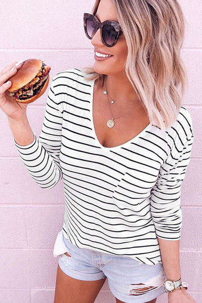 Loose V-neck Striped Long Sleeve Bottoming Shirt - Zac Store