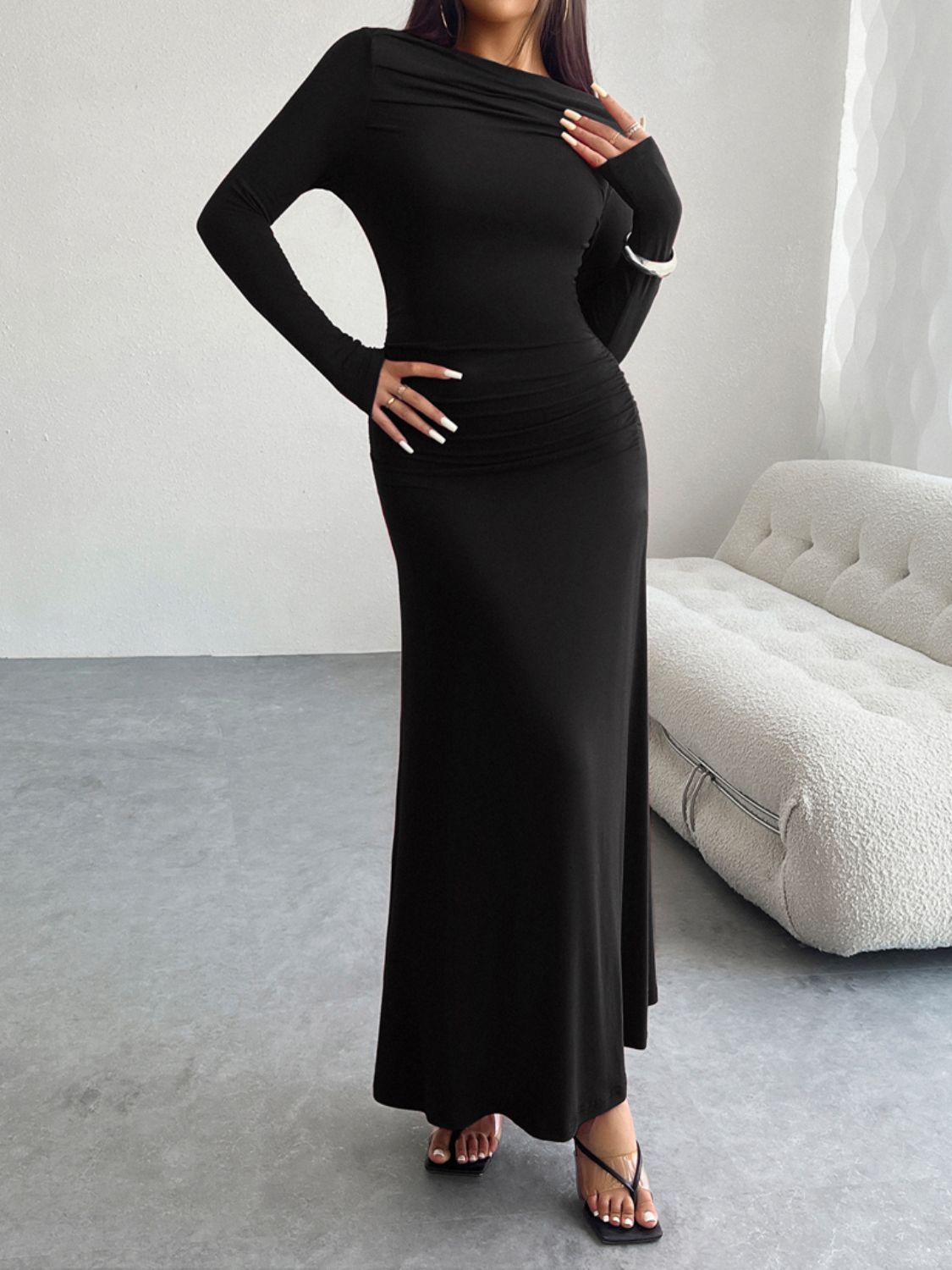 Devine Ruched Long Sleeve Maxi Dress