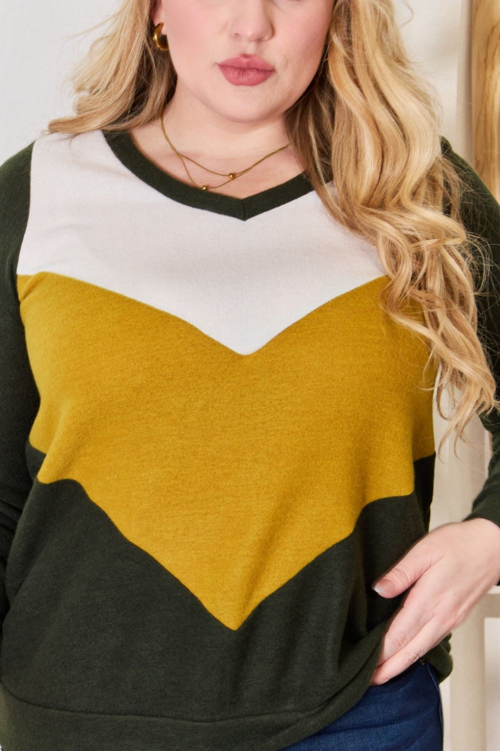 Hailey & Co Full Size Colorblock V-Neck Blouse