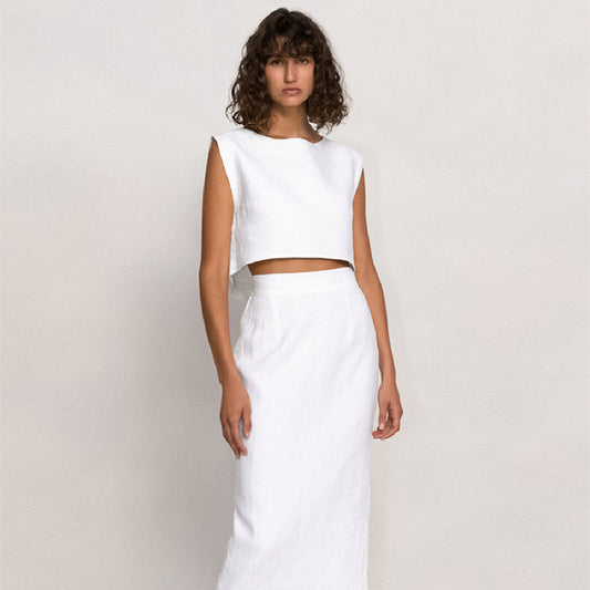 Cotton Sleeveless Top Straight Skirt White Suit - Zac Store