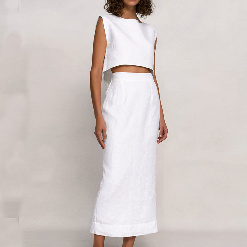 Cotton Sleeveless Top Straight Skirt White Suit - Zac Store