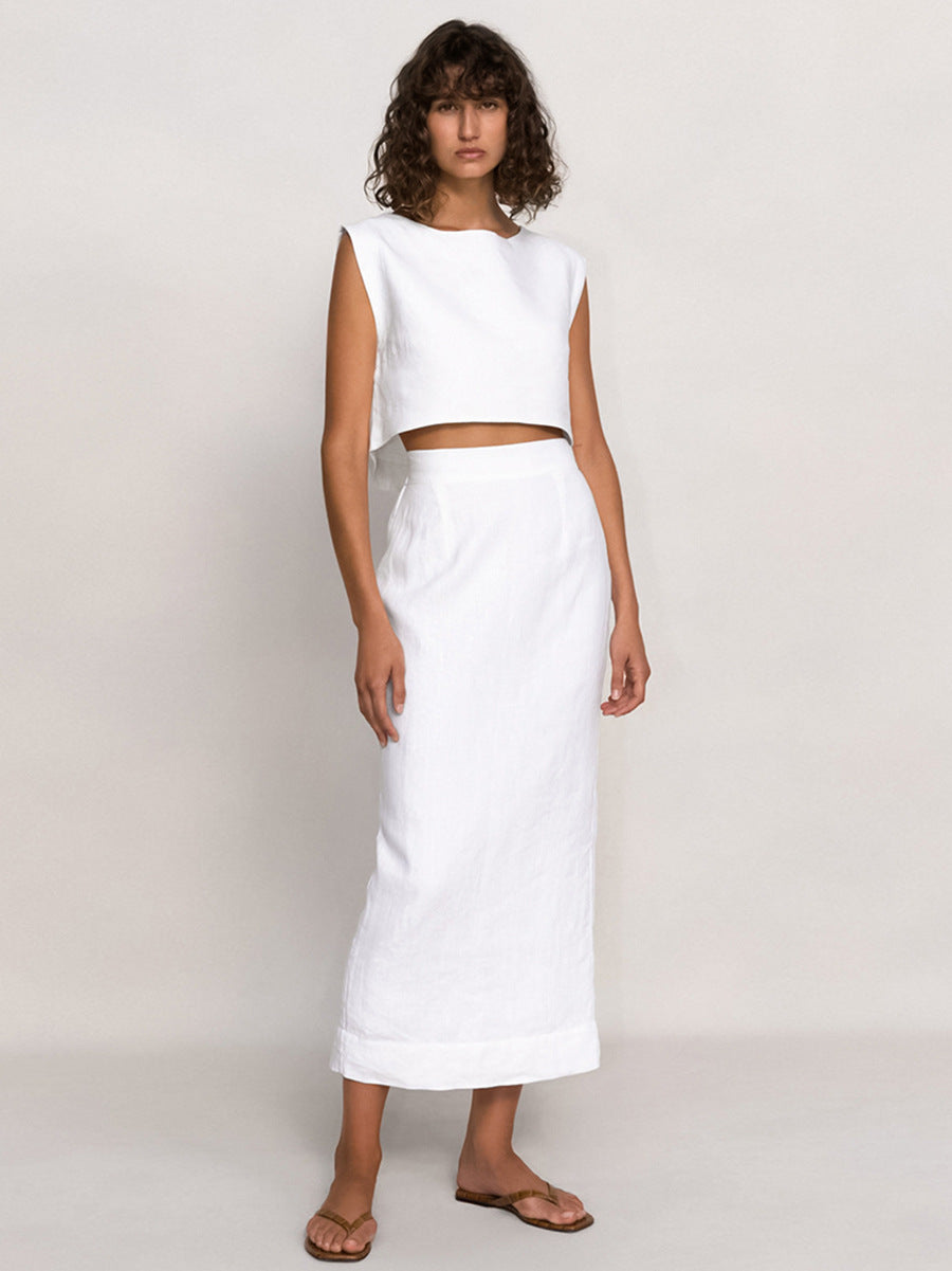 Cotton Sleeveless Top Straight Skirt White Suit - Zac Store