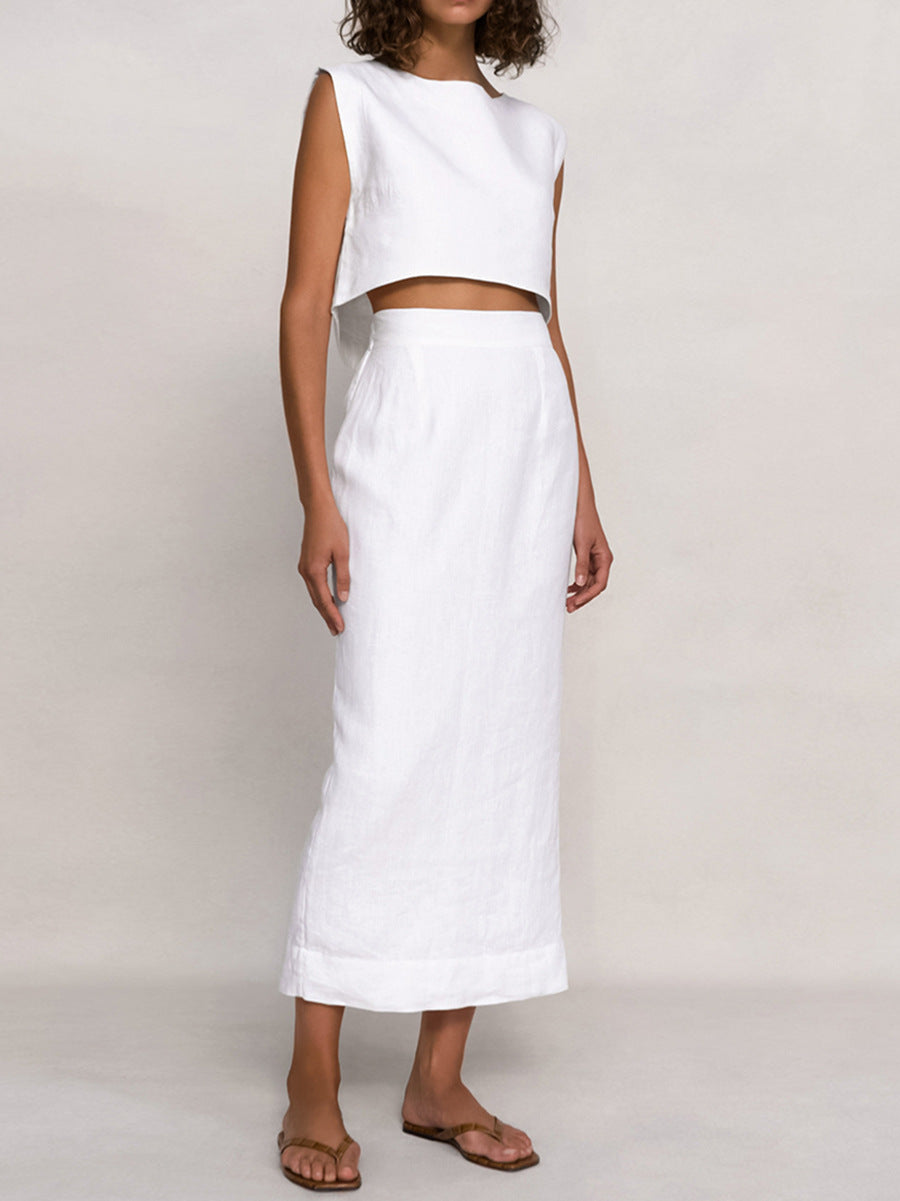 Cotton Sleeveless Top Straight Skirt White Suit - Zac Store