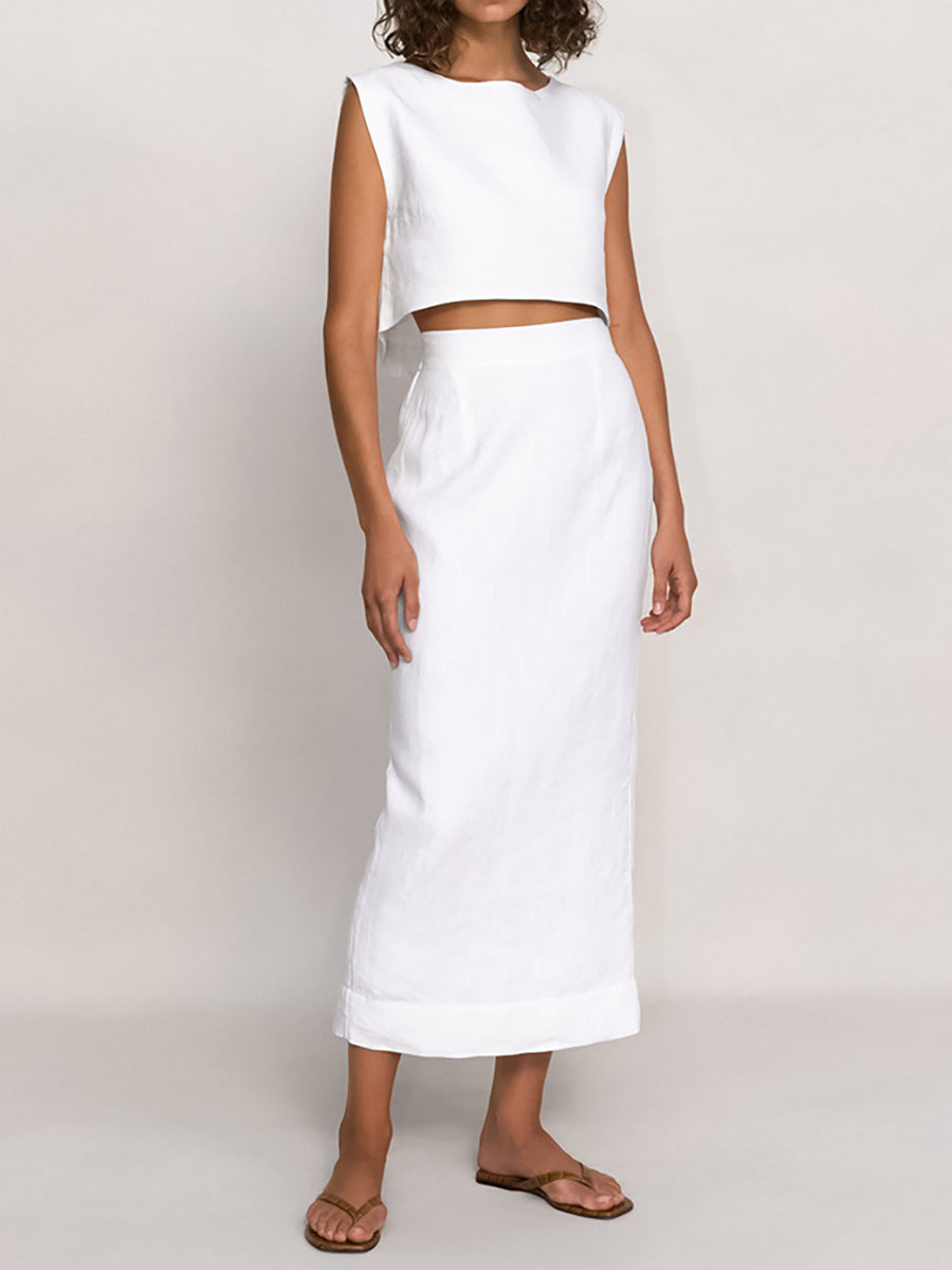 Cotton Sleeveless Top Straight Skirt White Suit - Zac Store