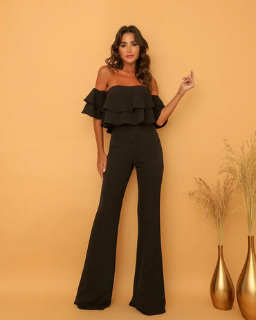 European And American Women's Clothing Collar Ruffled Solid Color Jumpsuit