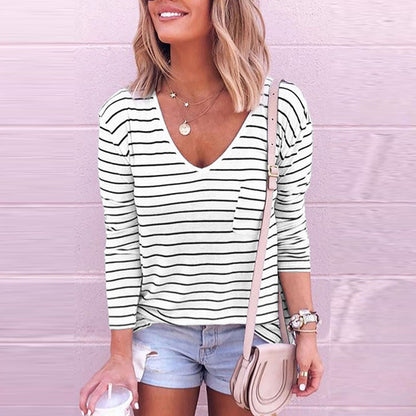 Loose V-neck Striped Long Sleeve Bottoming Shirt - Zac Store