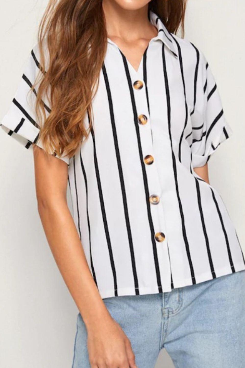 D&Y Striped Button Up Short Sleeve Shirt - Zac Store