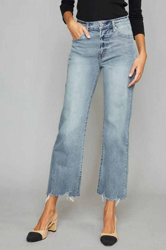 Kancan High Waist Raw Hem Cropped Wide Leg Jeans - Zac Store