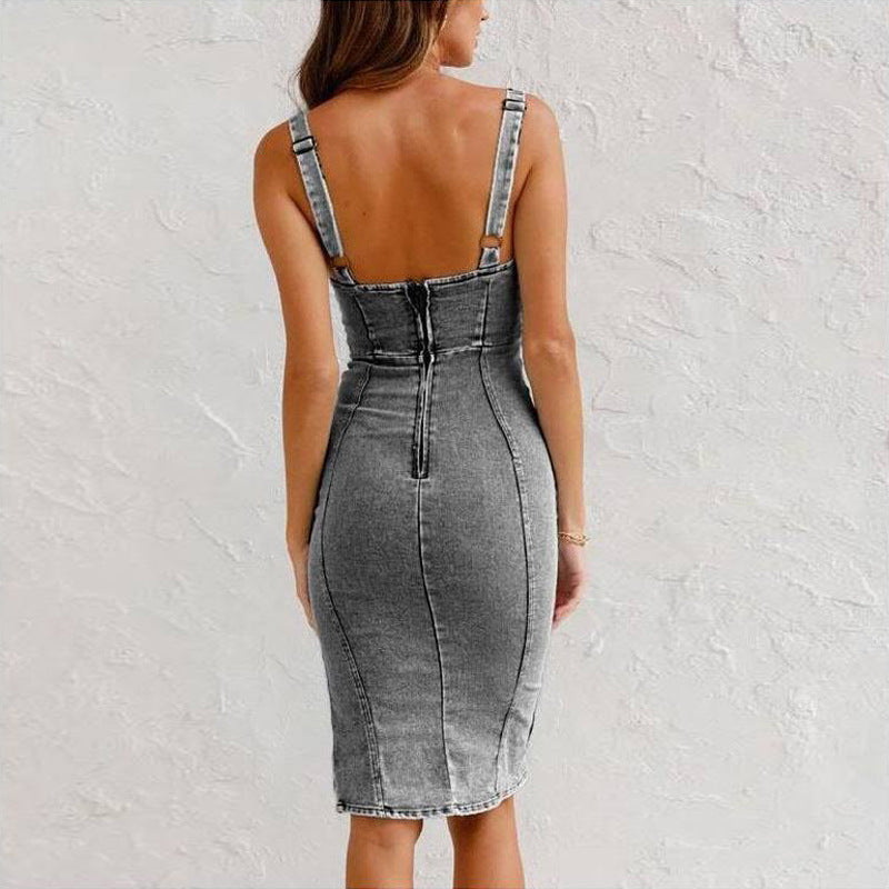 New U-neck Suspender Denim Dress - Zac Store