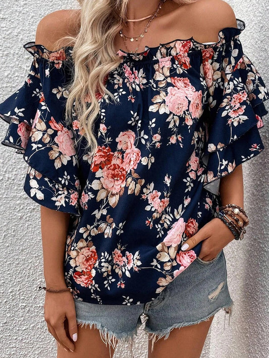 Printed Off-Shoulder Flounce Sleeve Blouse - Zac Store