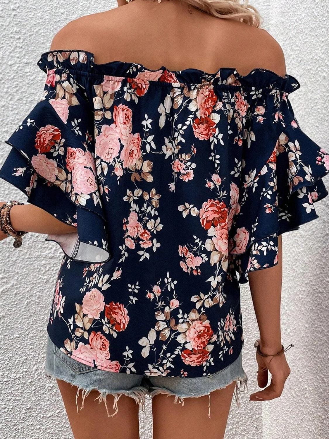 Printed Off-Shoulder Flounce Sleeve Blouse - Zac Store