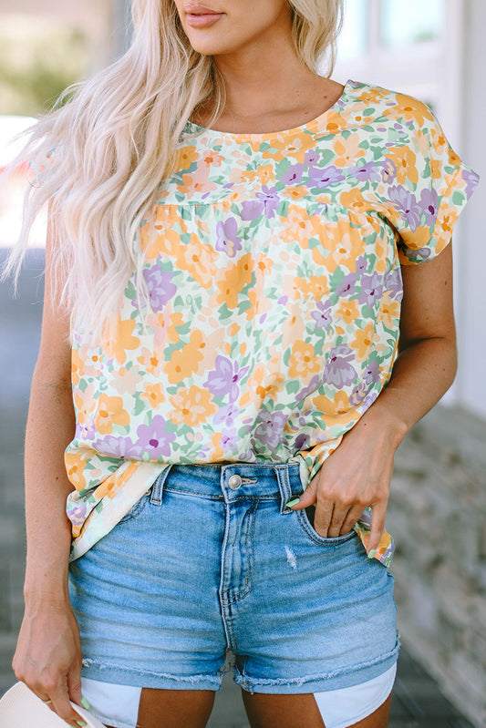 Printed Round Neck Cap Sleeve Blouse - Zac Store