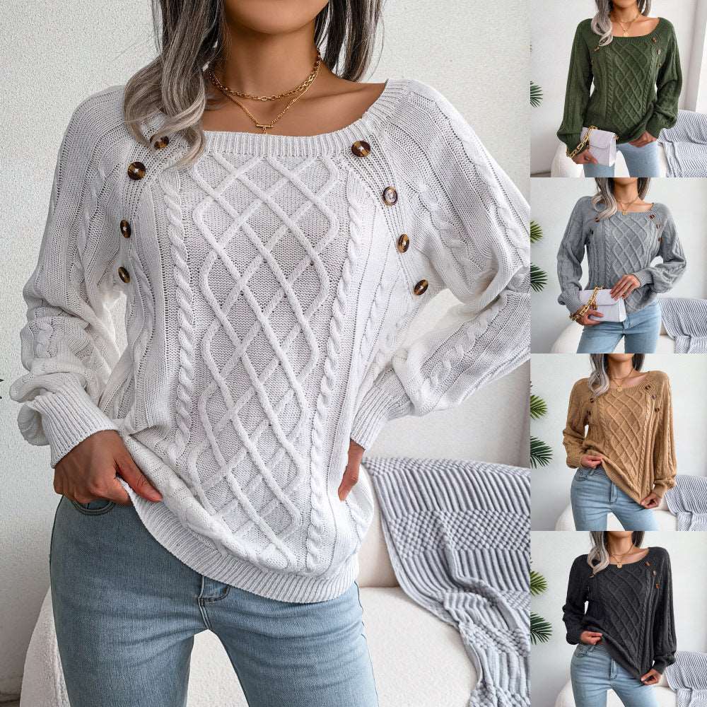 Pullover Pure Color Knit Long Sleeve Button Decor Casual Sweater