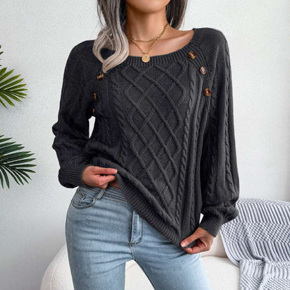 Pullover Pure Color Knit Long Sleeve Button Decor Casual Sweater