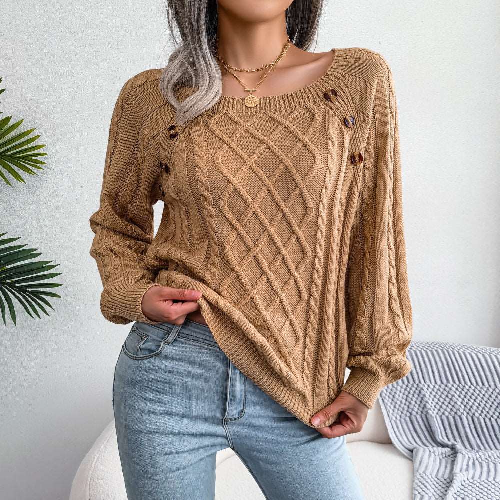 Pullover Pure Color Knit Long Sleeve Button Decor Casual Sweater