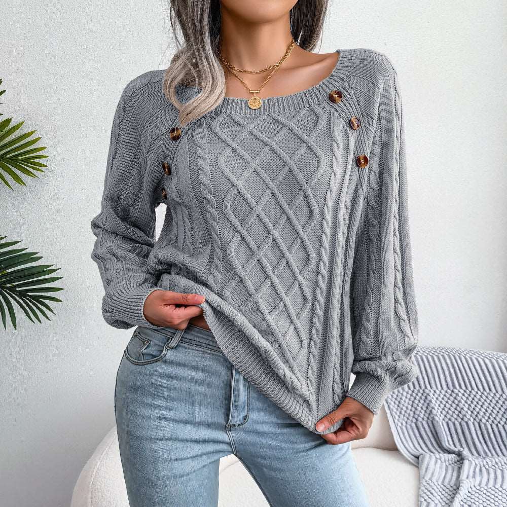 Pullover Pure Color Knit Long Sleeve Button Decor Casual Sweater