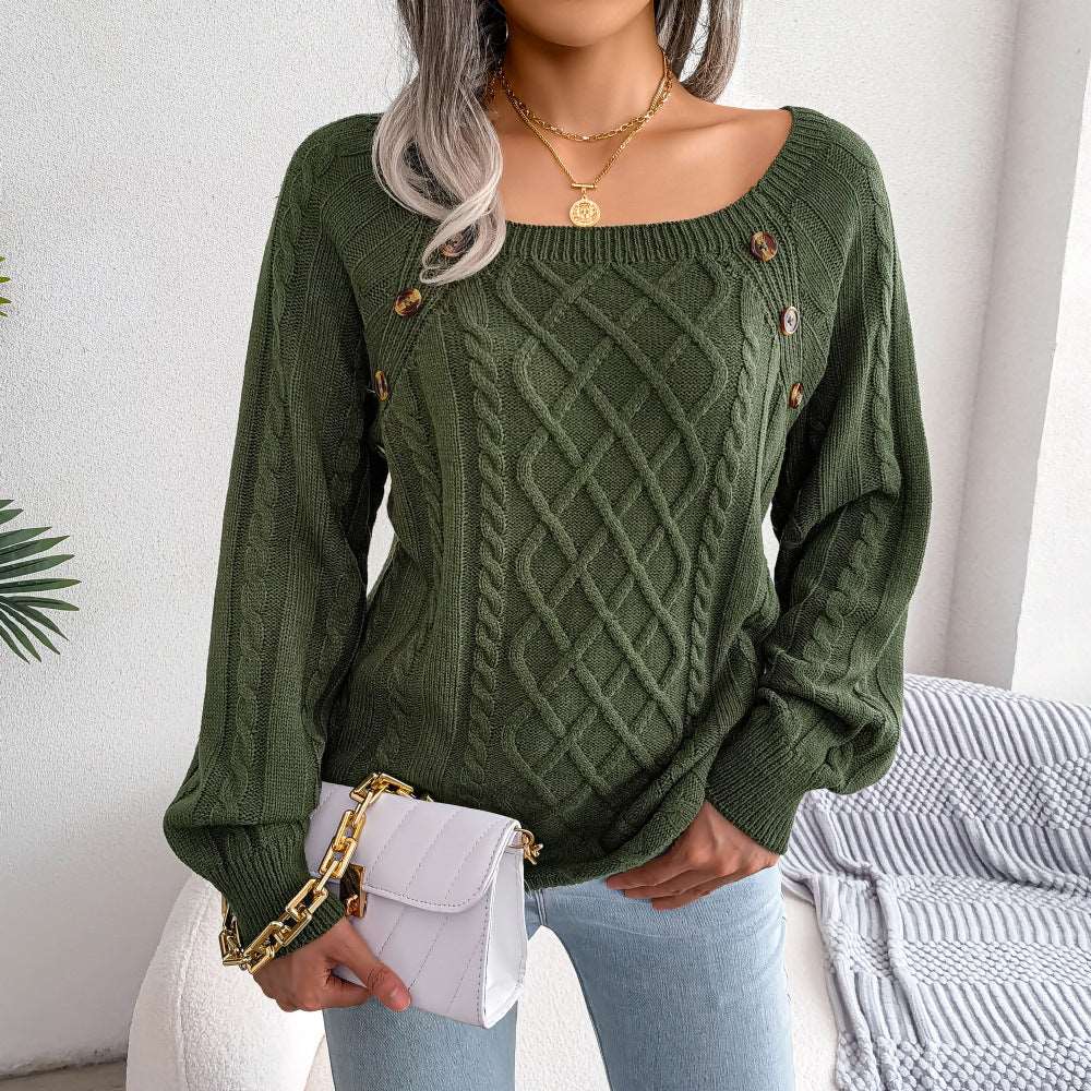 Pullover Pure Color Knit Long Sleeve Button Decor Casual Sweater