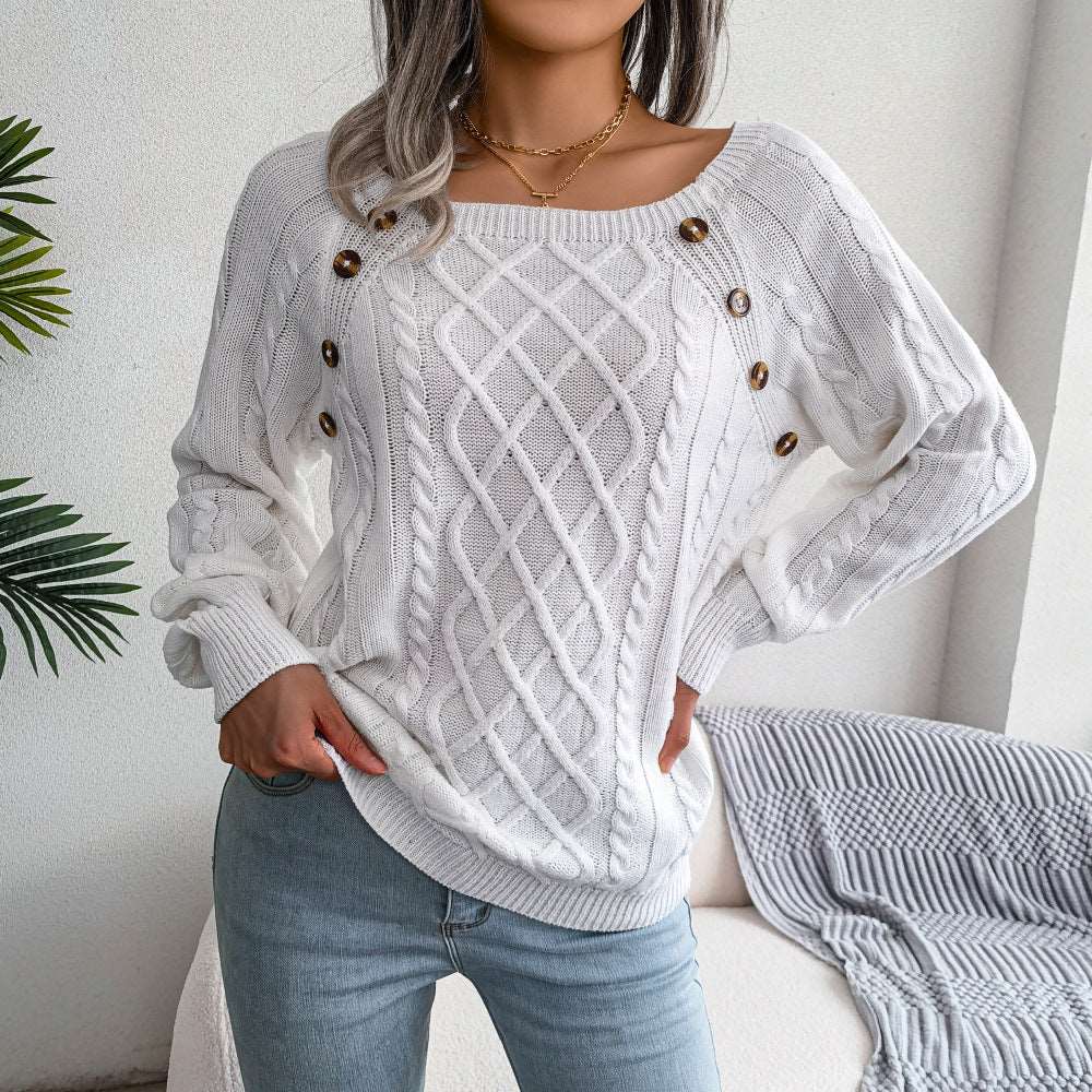 Pullover Pure Color Knit Long Sleeve Button Decor Casual Sweater