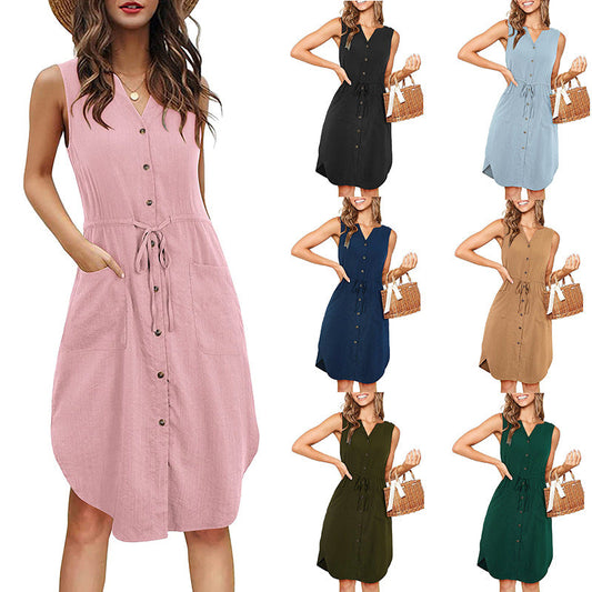 Sleeveless V-neck Buttoned Women's Summer Dresses - Zac Store