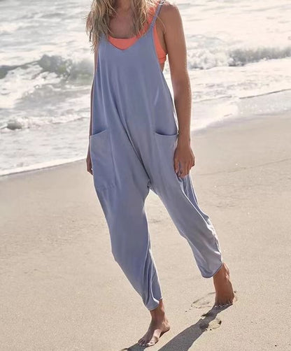 Spaghetti Strap Long Pant Romper Jumpsuit With Pockets Zipper - Zac Store