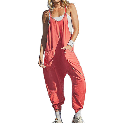 Spaghetti Strap Long Pant Romper Jumpsuit With Pockets Zipper - Zac Store