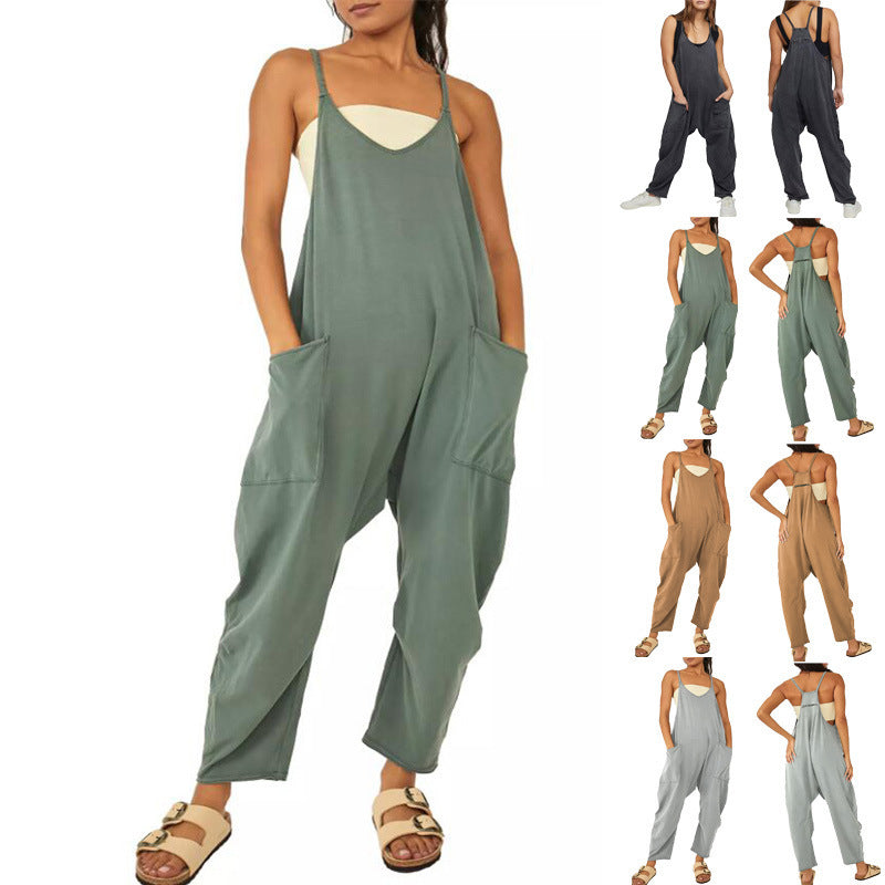 Spaghetti Strap Long Pant Romper Jumpsuit With Pockets Zipper - Zac Store