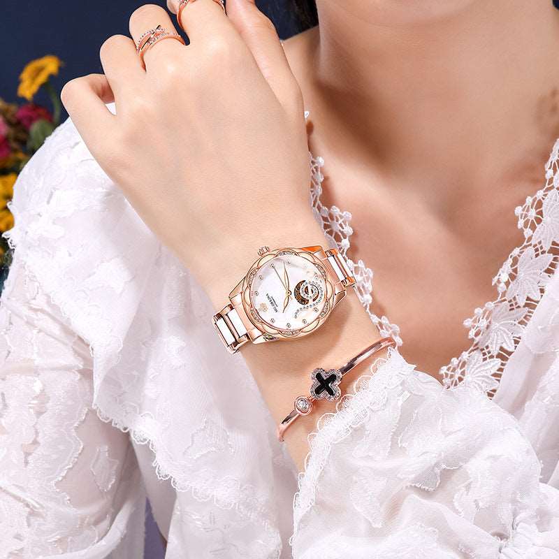 Sweetbless New Women Mechanical Wristwatches Hollow Crystal Petal Shape Automatic Analog Watch